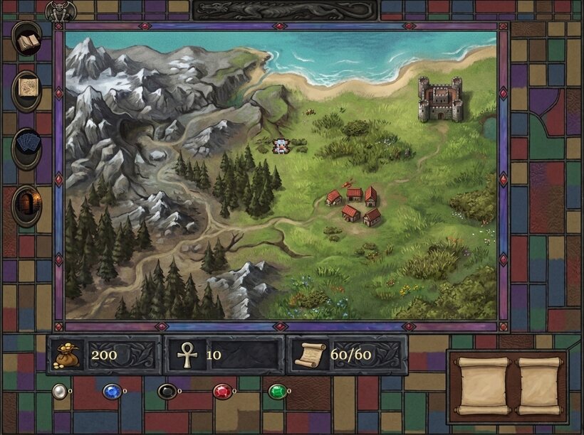A painterly fantasy overworld map: a snowy grey mountain range on the left, a pine forest, a green meadow with a village and a castle, a sandy coast and blue sea on the right, all framed by an ornate stained-glass UI border.